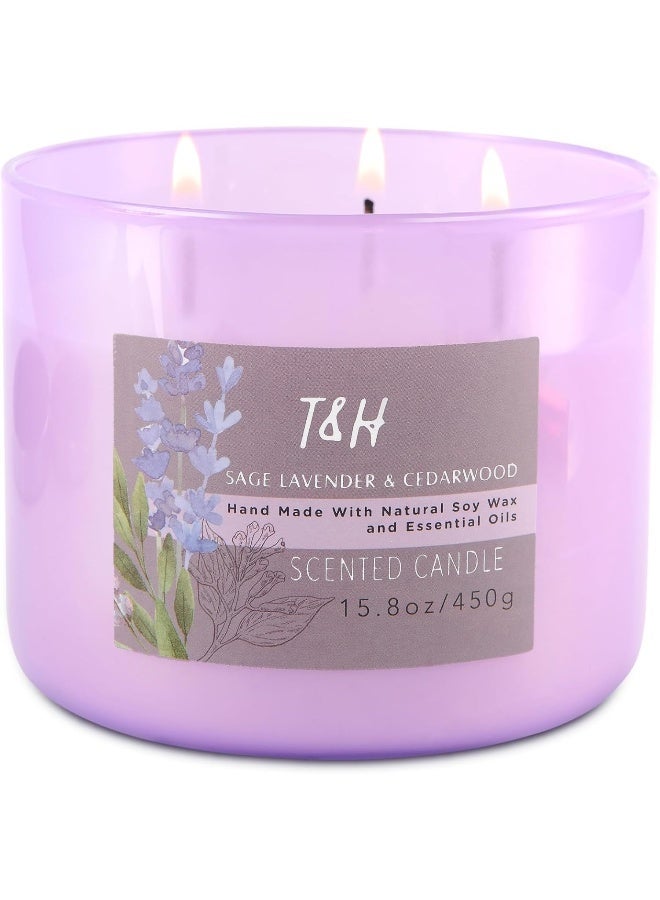 T&H Sage Lavender Cedarwood 3-Wick Candle | Large Scented Candle for Home | Calming Fall & Winter Scented Candle | Aromatherapy Lavender Woods Candles for Men & Women 15.8 oz | Sage Citrus Soy Candle - Image 1